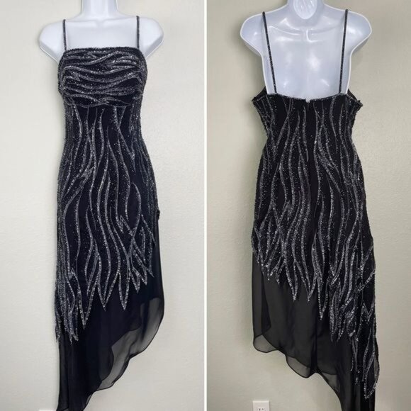 Alyce Designs vintage 80s sequin black asymmetrical sleeveless midi dress gown - Picture 14 of 14